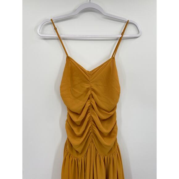 CREATURES OF COMFORT Dress Ruched Strappy Yellow Marigold Chiffon - Picture 3 of 7